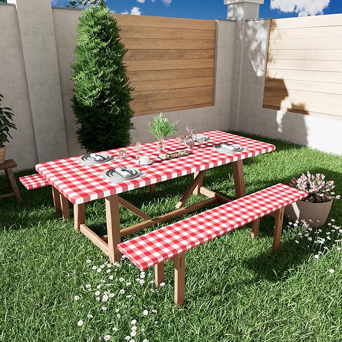 Smiry Picnic Table Cover with Bench Covers, Waterproof Elastic Fitted Tablecloths for 8 Foot Rectangle Tables, Washable Buffalo Plaid Tablecloth for Camping, Outdoor (Red & White, 30"x96")