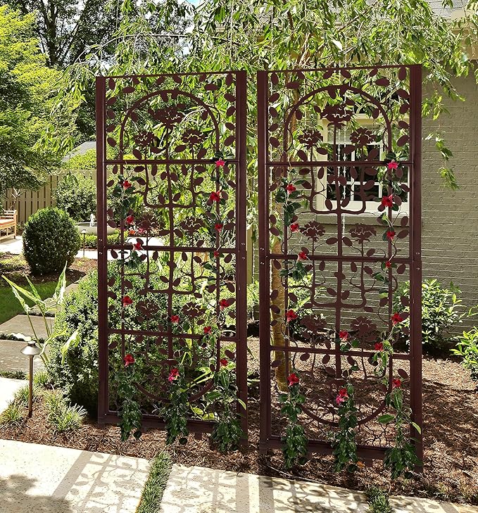 H Potter Garden Trellis Outdoor Privacy Screen Fence for Climbing Plants Patio Deck Large Heavy Duty Decorative Metal Panel for Backyard Flowers Roses Clematis Ivy Freestanding Ground Spikes