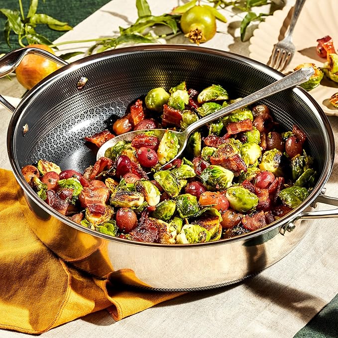 HexClad Hybrid Nonstick 4.5-Quart Deep Sauté Pan with Tempered Glass Lid, Stay-Cool Handle, Dishwasher-Friendly, Oven-Safe Up to 900°F, Induction Ready, Compatible with All Cooktops