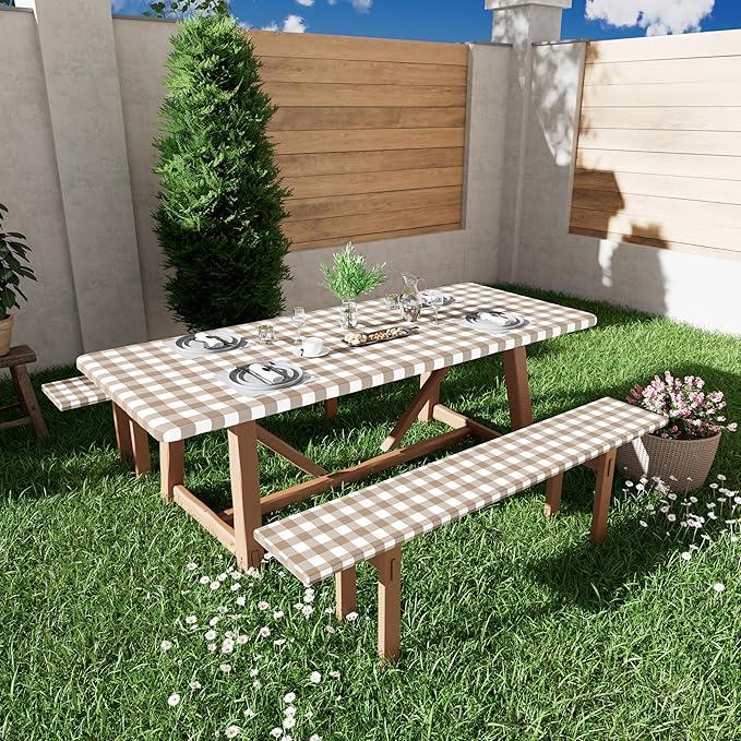 Smiry Picnic Table Cover with Bench Covers, Waterproof Elastic Fitted Tablecloths for 8 Foot Rectangle Tables, Washable Buffalo Plaid Tablecloth for Camping, Outdoor (Khaki & White, 30"x96")