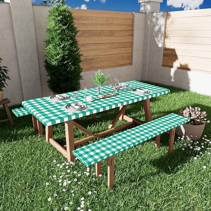 Smiry Picnic Table Cover with Bench Covers, Waterproof Elastic Fitted Tablecloths for 6 Foot Rectangle Tables, Washable Buffalo Plaid Tablecloth for Camping, Outdoor (Green & White, 30"x72")