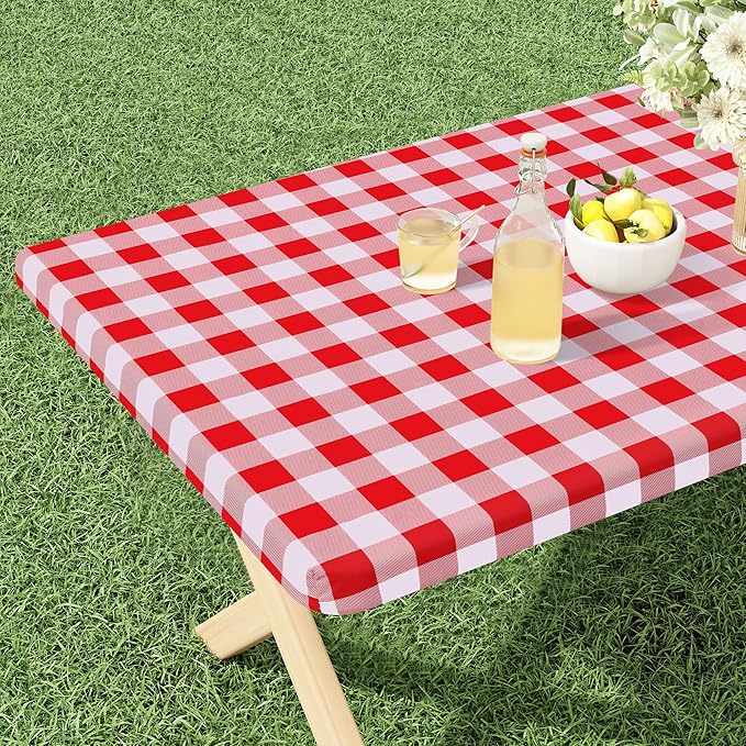 misaya Buffalo Rectangle Picnic Tablecloth, 8 Foot Elastic Fitted Vinyl Table Cloth with Flannel Backing, Waterproof Plaid Table Covers for Dining, Camping, Outdoor (Red and White, 30" x 96")