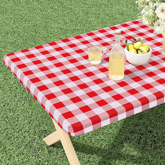 misaya Buffalo Rectangle Picnic Tablecloth, 6 Foot Elastic Fitted Vinyl Table Cloth with Flannel Backing, Waterproof Plaid Table Covers for Dining, Camping, Outdoor (Red and White, 30" x 72")