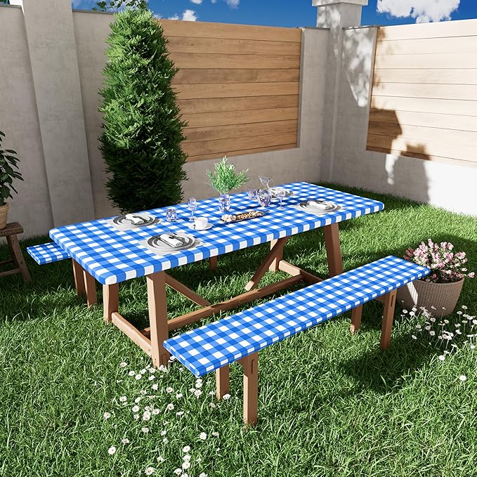 Smiry Picnic Table Cover with Bench Covers, Waterproof Elastic Fitted Tablecloths for 8 Foot Rectangle Tables, Washable Buffalo Plaid Tablecloth for Camping, Outdoor (Blue & White, 30"x96")