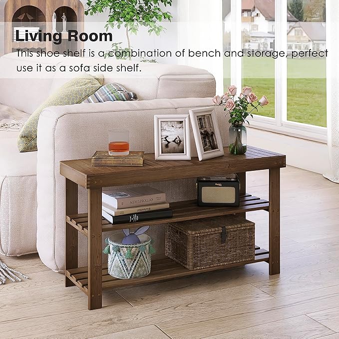 SMIBUY Bamboo Shoe Rack Bench, 3-Tier Shoe Organizer Storage Shelf for Entryway Hallway Bathroom Living Room (Walnut)