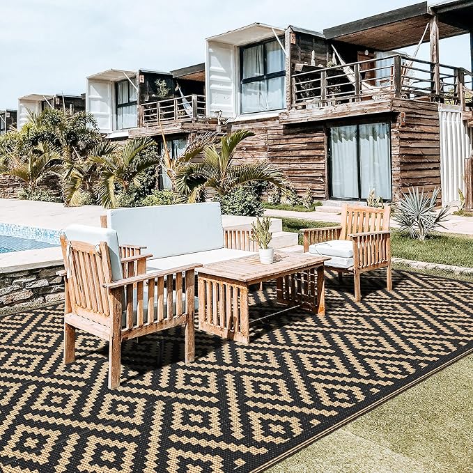 GENIMO Outdoor Rug for Patio Clearance, 9'x18' Waterproof Camping Mat, Reversible Plastic Straw Rugs for RV, Camper, Balcony, Backyard, Picnic, Deck (Black & Brown)