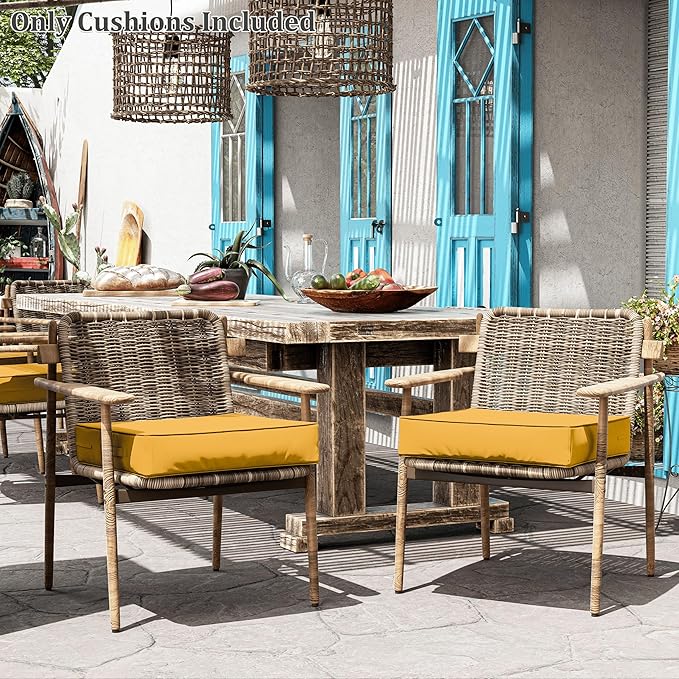 Patio Chair Cushions 24 X 24 X 5 Inch Waterproof Outdoor Seat Cushions for Patio Furniture, Outdoor Sofa Couch Pads with Ties & Handle, Set of 2, Yellow