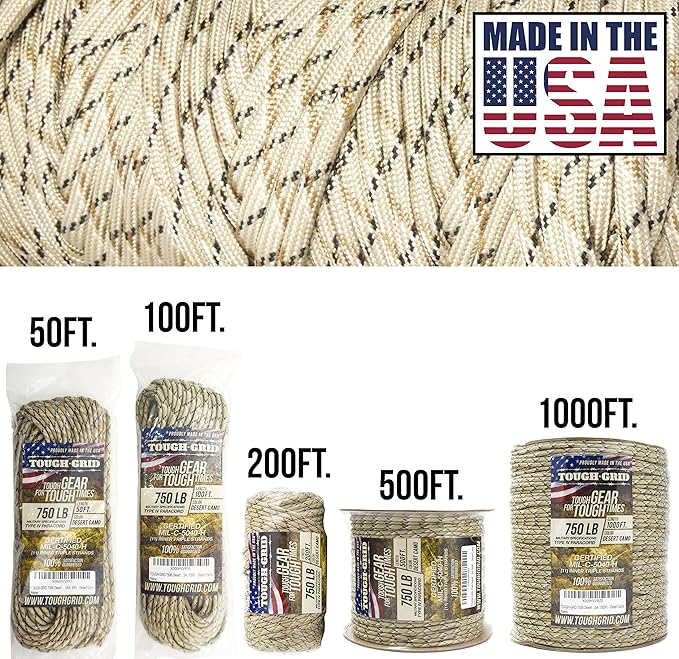 TOUGH-GRID Paracord Rope 750 lbs Nylon Parachute Cord, Made in USA Survival Kit, Outdoor Adventures, Camping, Tactical Gear & Emergency Supplies, Military Type IV Mil-Spec