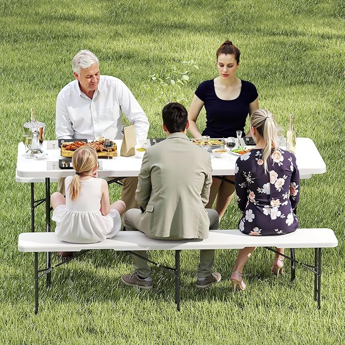 Real Relax 6' Picnic Table with 2 Benches, 3 Piece White Portable HDPE Folding Camping Table and Benches for Courtyard, Garden, Outdoor Leisure, Party