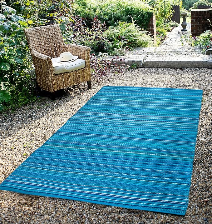 FH Home Outdoor Rug - Waterproof, Fade Resistant, Crease-Free - Premium Recycled Plastic - Striped - Patio, Deck, Porch, Balcony, Laundry Room - Havana - Turquoise Crease Free - 4 x 6 ft