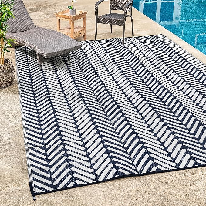 FH Home Outdoor Camping Rug - Waterproof, Fade Resistant, Reversible - Premium Recycled Plastic - Herringbone - Large Patio, Deck, Sunroom, RV - Fresno - Navy - 9 x 12 ft Foldable