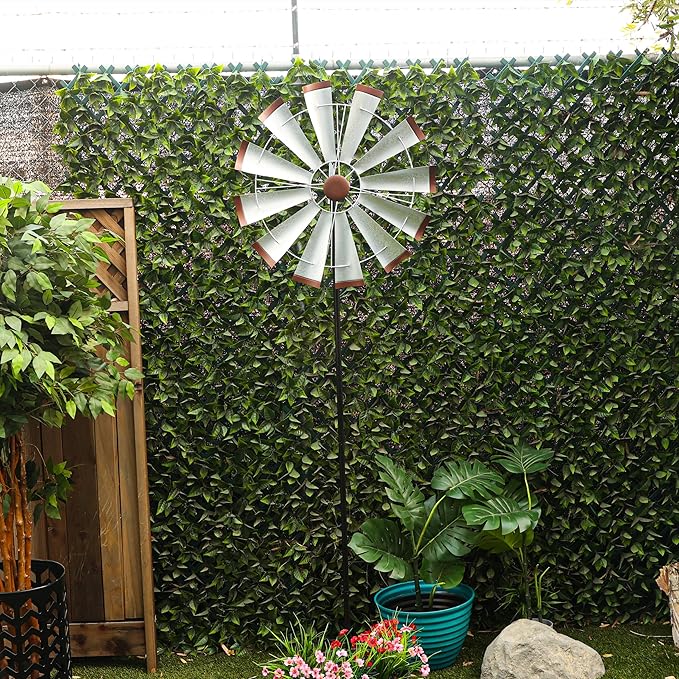 Alpine Corporation SLL2652SL 85" Metal Windmill Garden Stake, Large Outdoor Wind Spinner for Yard, Lawn, Patio, or Garden with Durable Iron Construction, Silver