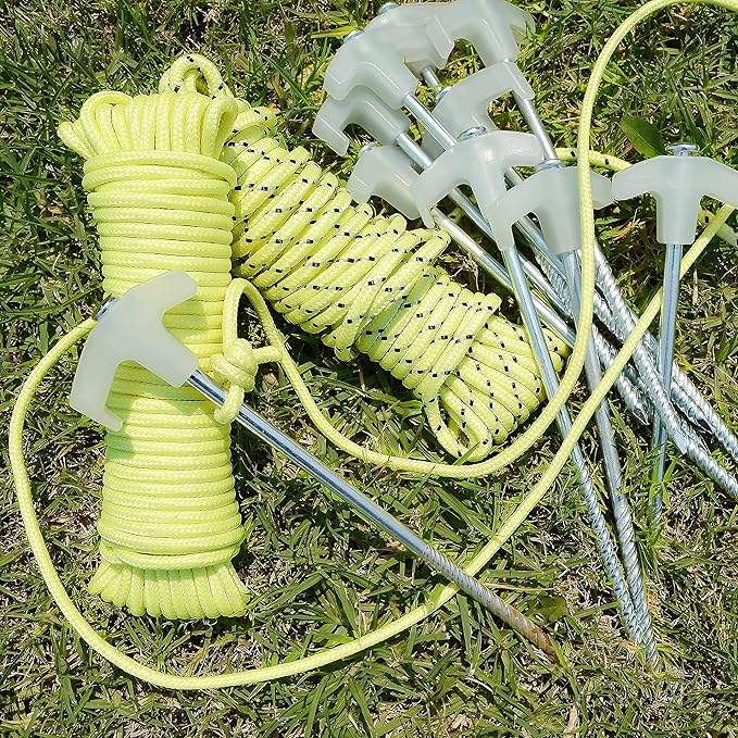 Wellmax 10PC Tent Stakes Heavy Duty with 2 Pack Glow in Dark Polypropylene Rope 3/16" x50ft and 1/4" x50ft