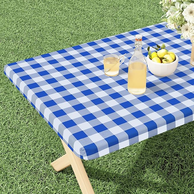 misaya Buffalo Rectangle Picnic Tablecloth, 8 Foot Elastic Fitted Vinyl Table Cloth with Flannel Backing, Waterproof Plaid Table Covers for Dining, Camping, Outdoor (Blue and White, 30" x 96")