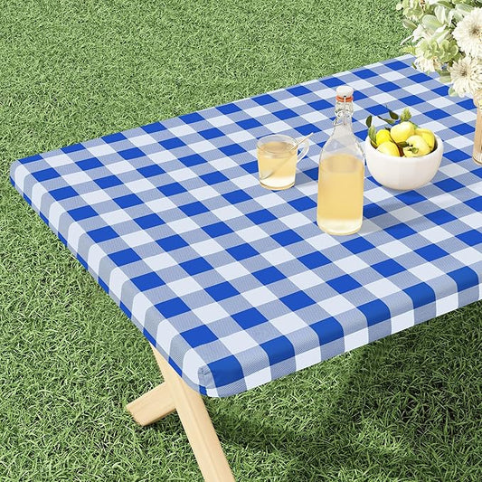 misaya Buffalo Rectangle Picnic Tablecloth, 8 Foot Elastic Fitted Vinyl Table Cloth with Flannel Backing, Waterproof Plaid Table Covers for Dining, Camping, Outdoor (Blue and White, 30" x 96")