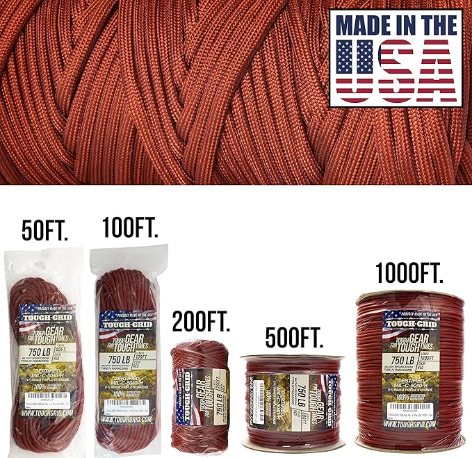 TOUGH-GRID Paracord Rope 750 lbs Nylon Parachute Cord, Made in USA Survival Kit, Outdoor Adventures, Camping, Tactical Gear & Emergency Supplies, Military Type IV Mil-Spec