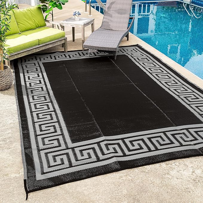 FH Home Outdoor Camping Rug - Waterproof, Fade Resistant, Reversible - Premium Recycled Plastic - Greek Border - Large Patio, Deck, Sunroom, RV - Athens - Black & White - 9 x 12 ft Foldable
