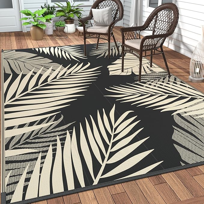 GENIMO Outdoor Rug 4' x 6' Waterproof for Patios Clearance, Reversible Outdoor Plastic Straw Camping Rug Carpet, Large Area Rugs Mats for RV, Camper, Deck, Balcony, Porch, Beach, Picnic, Black&Beige