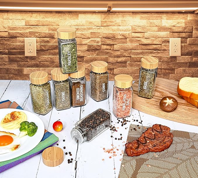 Set of 24 Glass Spice Jars with Various Labels, Bamboo Shaker Lids & Funnel, Kitchen Storage Jars with Airtight Lid, Spices & Seasonings Sets Organizer, Spice Containers, Glass Jar Food Canister