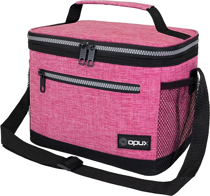 opux Insulated Lunch Box Men Women, Lunch Bag for Work School, Leakproof Soft Cooler Tote Adult, Large Lunch Pail Kids Boys Girls, Picnic Beach Food Bag with Shoulder Strap, Pink